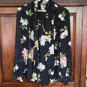 Suzy Shier black background floral fall blouse long sleeves bow tie front